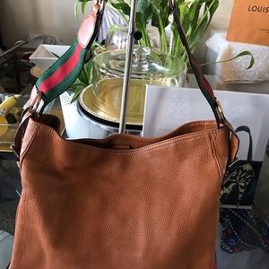 Gucci Tan Leather Shoulder Bag with Green & Red Web Strap